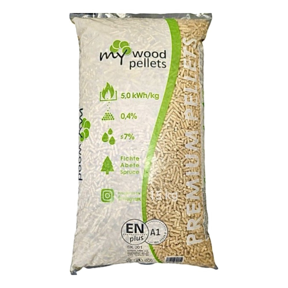 Pellets MyWood – granulés de sapin 100 % ENplus A1, sac 15 kg, palette de 70 sacs (BN-H3EWN110)